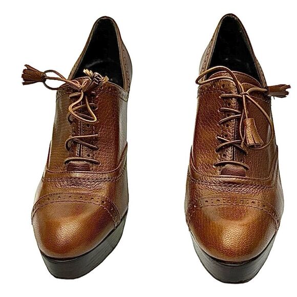 Stuart Weitzman Brogue Platform Ankle Heels Brown 6.5M Leather Made in Spain - Picture 11 of 14